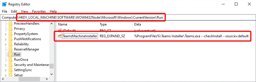 TeamsMachineWideInstaller registry key under HKEY_LOCAL_MACHINE\SOFTWARE\WOW6432Node\Microsoft\Windows\CurrentVersion\Run