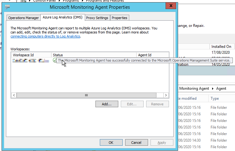 Microsoft Monitoring Agent reporting succesfully to Azure Log Analytics (OMS)