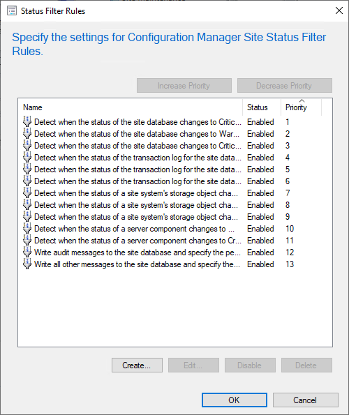 Default Status Filter Rules list